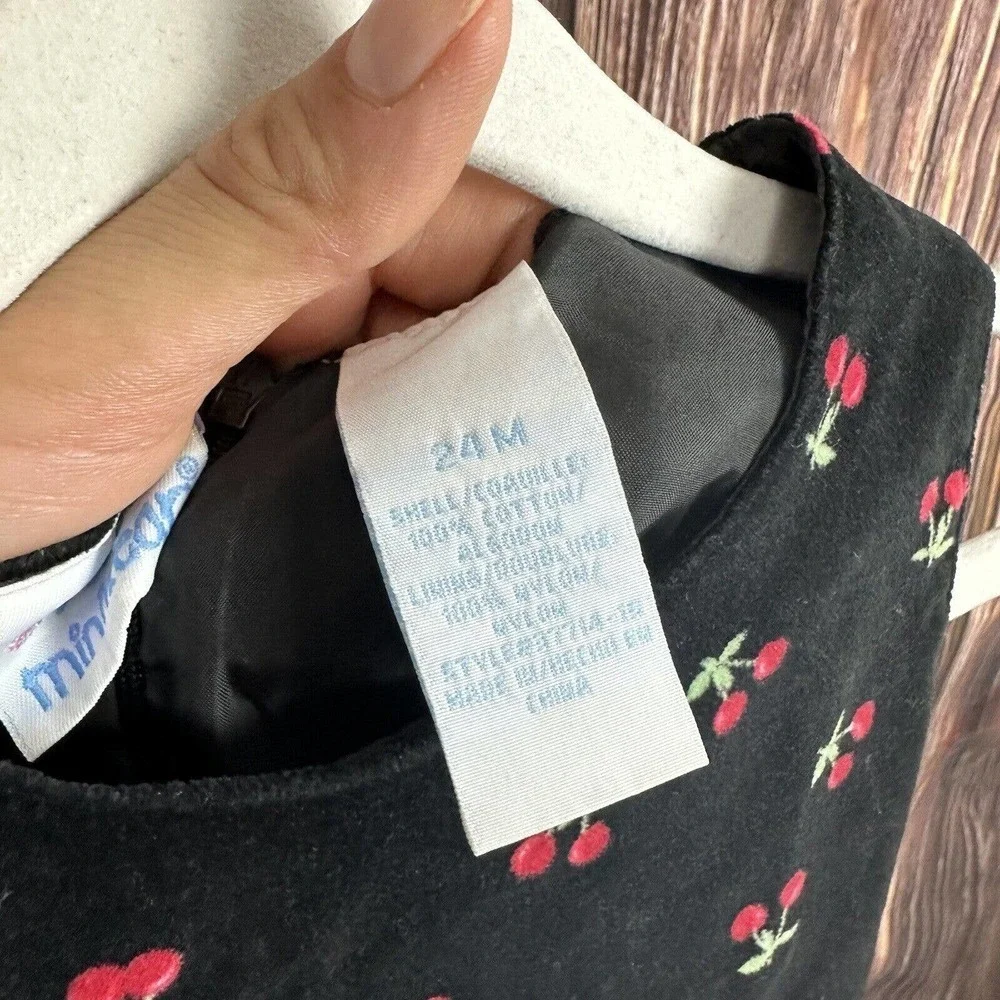 Vintage Baby Girl Cherry Print Dress Velvet Black‎ Size 24 Months